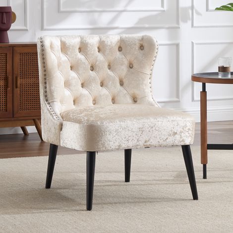 Wahson Fauteuil Velours avec Pieds en Bois Massif, Fauteutil de Salon sans Accoudoirs, Fauteuil Crapaud Pour Salon, Beige