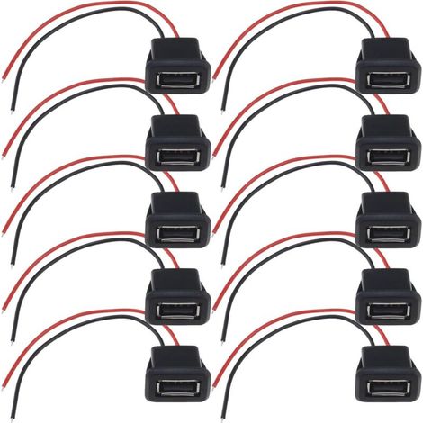 Packung mit 10 USB 2.0-Buchsen, 2-adrig, 3 A, 2-polig, mit gerillter Öse für Kfz-Überwachungskameras, Audiorecorder, Haushaltsgeräte, 10 cm (1/5)