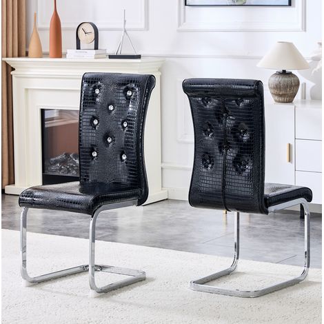 Sedia da pranzo in metallo e PVC nero, stile coccodrillo, con bottoni effetto cristallo e facile manutenzione,57×41×101.5cm (1/5)