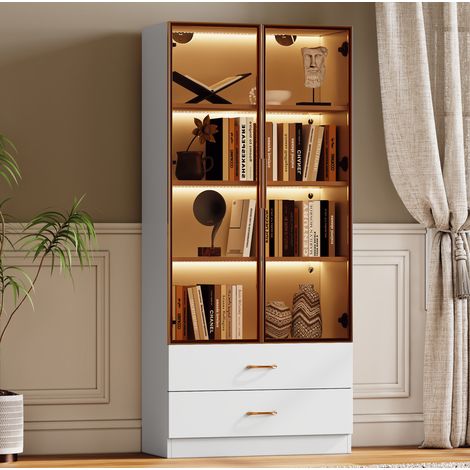 Hoher Badezimmerschrank 75 cm mit Licht, 2 großen Schubladen und 2 Türen, weiß HAVRYA (1/5)