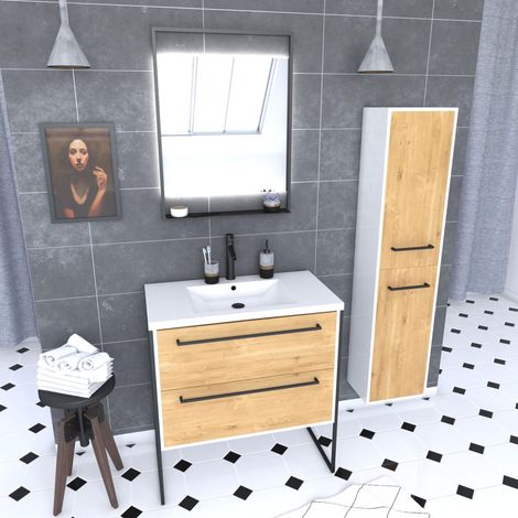 Meuble Salle de Bains 80 cm, Vasque Blanche, Miroir LED et Colonne - Blanc et Chêne - STRUCTURA (1/5)