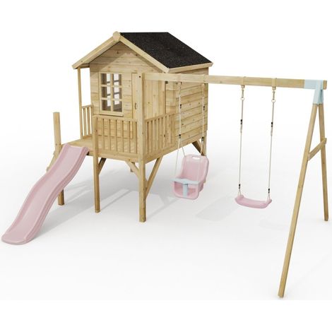ClassicPlay Premium 5ft Playhouse on Deck with Double Swing and Slide Dusky Pink (1/5)