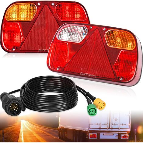 2PCS Feu de Remorque Feux Arrière,12V Feu Remorque arriere Kit,Feu Arrière de Remorque avec 6 Fonctions,5m De Long 13 Broches Câbles,Homologué E11,pour Camion Remorque Caravane Tracteur
