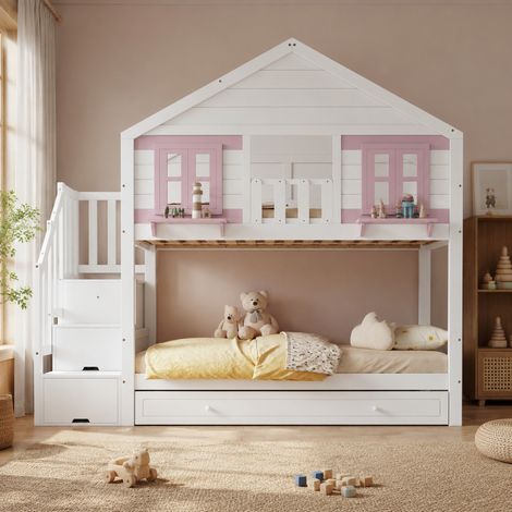 DESMIU Lit superposé enfant 90 × 200 cm avec lit gigogne, rangement d'escalier, sans matelas, blanc et rose (1/5)