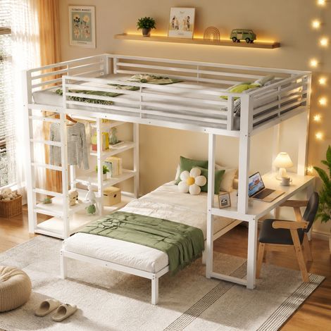 Lit superposé trois places en métal 90x200 cm,avec bureau,2 prise avec ports USB et Type-C,étagères,rangement pour vêtements,sans matelas, blanc (1/5)