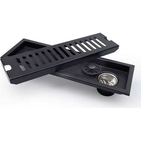 Siphon de Sol Rectangulaire, 30 x 10 cm Caniveau de Douche, Noir Siphon de Sol avec Grille en Acier Inoxydable, Convient pour WC, Salle de Bain, Cuisine, Balcon (1/5)