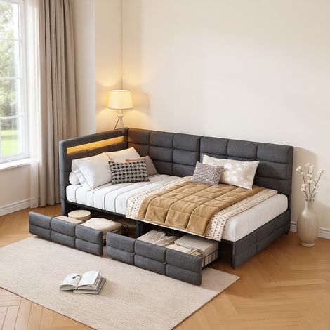 Polsterbett Einzelbett 90x200 cm mit Stauraum, mit LED und USB-Ladeanschlüssen,  Modernes Jugendbett in L-Form, Bettgestell mit Kopfteil und Lattenrost, Leinen Grau, Ohne Matratze