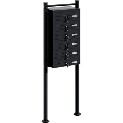 Wiltec 6er Briefkastenanlage schwarz 556 x 270 x 1500 mm, Standbriefkasten mit 6 Fächern, Schlüssel und Namensschild, Briefkasten Postkasten mit Ständer