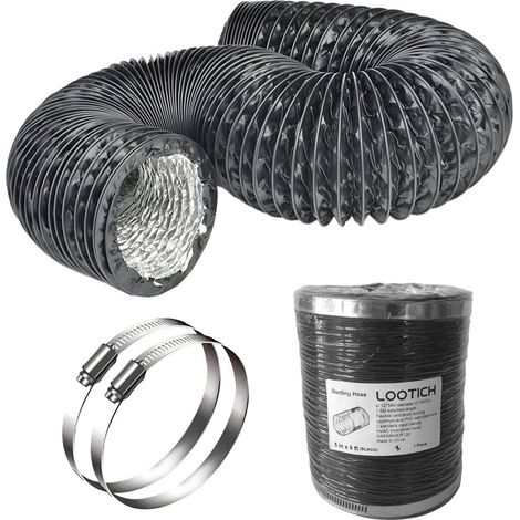 Tuyau d'Evacuation d'aération Flexible en PVC Aluminium Gaine de Ventilation Ø127mm X2,5m pour Salle de bain Cuisine Sèche-linge avec 2 Colliers de Serrage en Acier Noir (1/5)