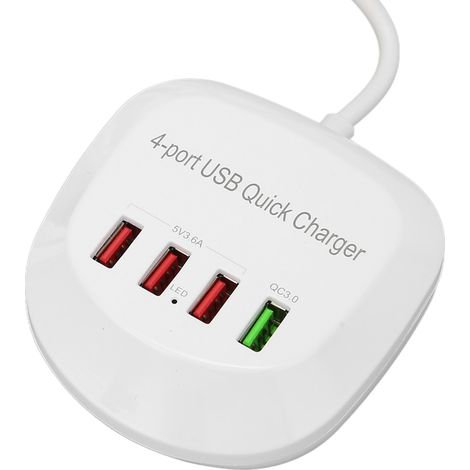 Station de charge USB 4 ports 36 W QC3.0 à charge rapide pour téléphones portables et tablettes (prise 110-240 V). (1/5)