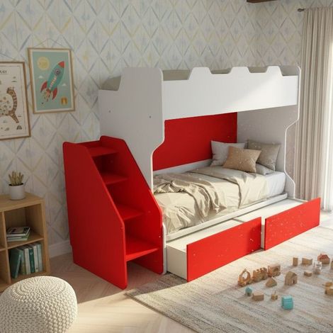 Letto a castello salvaspazio con terzo letto estraibile e scala laterale - Ideale per camerette - Bianco e Rosso (1/5)