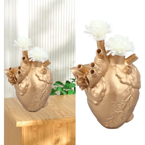 Nouvelle version d'un vase à fleurs artificiel en forme de cœur, vase décoratif de bureau en résine en forme de foie, petit modèle doré (1/5)