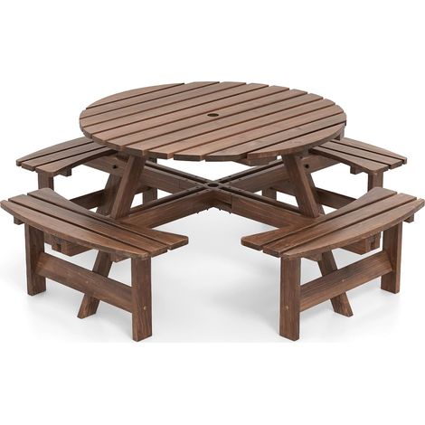 Costway – Table de pique-nique ronde en bois sapin pour 2 à 8 personnes – 4 bancs intégrés – Trou de parasol 5 cm – Dimensions 179 x 179 x 70 cm