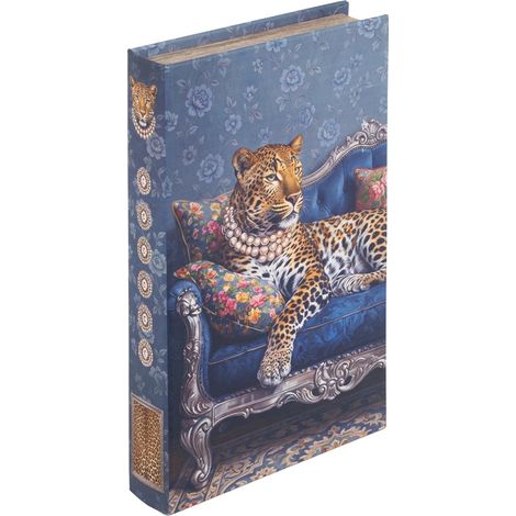 Caja joyero libro leopardo en sofá con fondo azul 25 cm