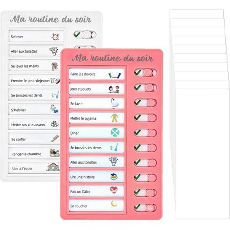 2pcs Tableaux Routine Enfant Matin et Soir Tableau Mémo Checklist avec 10pcs Cartes Liste de personnaliser et 2pcs Cartes du Matin et du Soir To Do List Enfants -(Rose+Blanc) (1/5)