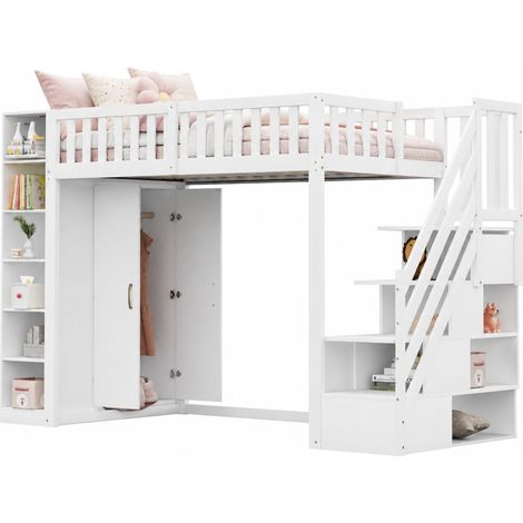 Lit mezzanine 90x200 cm avec armoire intégrée, étagères et échelle de sécurité à rangements, en bois blanc, pour chambre d’enfant et ado, gain de place  CHICFURN (1/5)