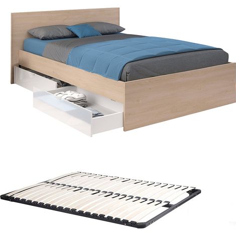 Lit avec 2 tiroirs 140 x 190 cm - Coloris : Naturel et blanc brillant + sommier - VELONA
