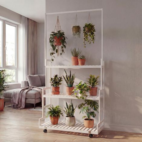 étagére à plantes en bambou HWC-Q33, étagére en escalier pour fleurs, tige avec 3 étagéres et roulet