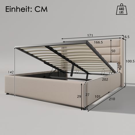 Lit coffre 160 x 200 cm,lit 160 x 200 avec sommier,lit double capitonné avec rangement,lit 2 personnes avec sommier à lattes en bois,lit double en lin beige