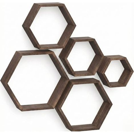 Ensemble de 5 étagères murales hexagonales - Bois certifié FSC - Brun rustique - Décoration murale flottante (1/5)