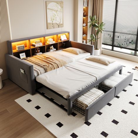 Canapé-lit capitonné 90x190 cm - Lumière LED - avec prise de charge - deux tiroirs - sommier à lattes - velours - gris foncé (matelas non inclus)