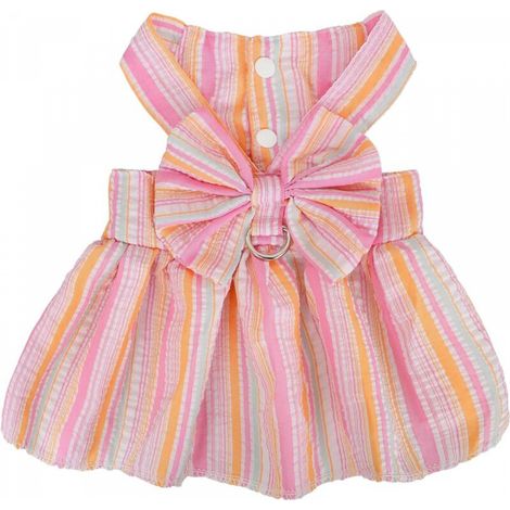 Robe harnais pour chien, vêtements mignons pour petites chiennes, robes princesse en coton rayé avec nœud et anneau en D (rose, XS) (1/4)