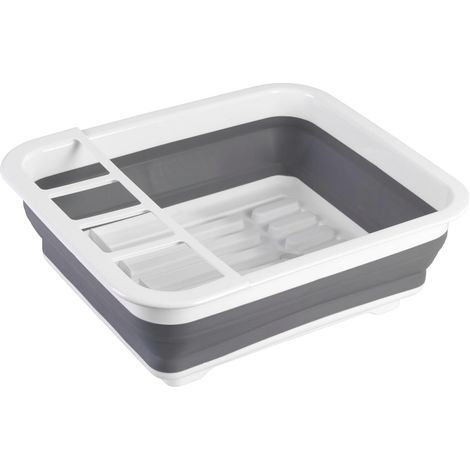 Egouttoir vaisselle pliable, égouttoir à vaisselle plastique, porte-couverts et support assiettes, plastique, 36,5x13x31 cm, blanc - gris (1/5)