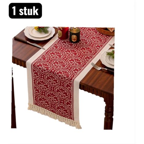 chemin de table - Chemin de table de Noël - Chemin de table rouge imperméable à motif de Noël - 350 x 35 cm - Décoration de table pour les fêtes - Aspect lin et coton - Motif floral (1/4)
