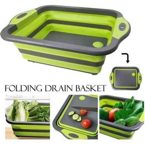 DBBEGK Planche à Découper Pliable 3 en 1 Panier à Multifonction Panier de Drainage pour Les Cuisines,Les Voyages,Le Camping(Vert)-Fei Yu (1/2)