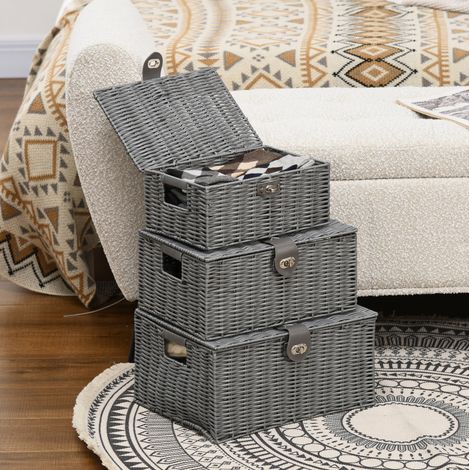 Boîtes de rangement 3 pièces avec couvercle et fermoirs, gris, 35,5 x 28,5 x 18 cm HAVRYA (1/5)