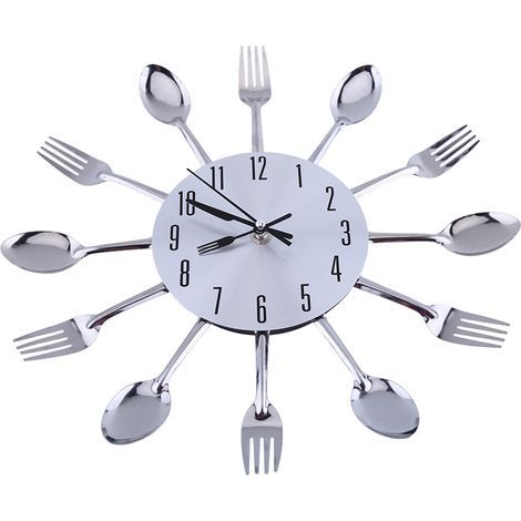 Grande horloge murale 3D miroir argenté design moderne couverts cuisine cuillère fourchette DIY (1/5)