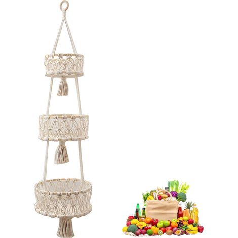 Obstkorb Hängend Obstschale, Panier Suspendu en Macramé, Panier Mural Bohème pour l'Organisation, Panier Suspendu à 3 Niveaux Espace, pour Rangement Fruits et Légumes, 110cm (1/5)