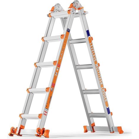 Échelle multifonction 5 marches 5m avec stabilisateur et roues, 150kg, aluminium, intérieur/extérieur (1/5)