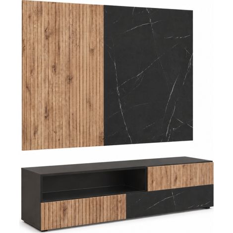 Ensemble meuble TV mural Cannes 1 avec vitrine - Bois MDF noir et chêne Viking et effet marbre noir - 160 x 120 x 45 cm - Livraison gratuite (1/5)