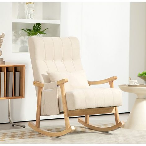 Fauteuil à Bascule Rembourré, Chaise Berçante avec Coussin Lombaire, Poche Latérale, Cadre Bois, Tissu Beige (1/5)