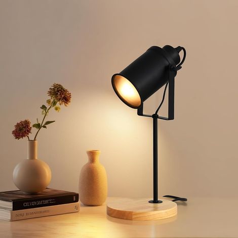 Industrial Table Lamp with Wooden Base  Modern Black E27 Bedside Lamp with Adjustable Lampshade, Desk Light for Living Room Bedroom without Bulb (1/5)