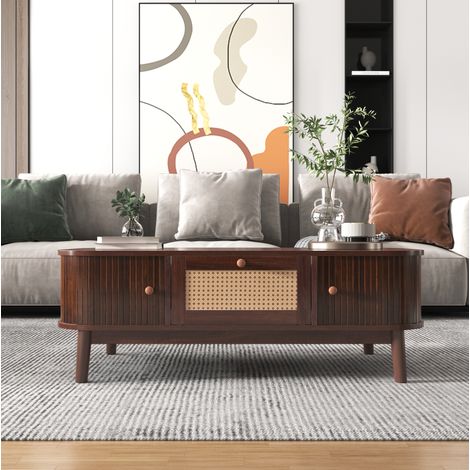 Table basse 110 x 55 x 38,5 cm naturel – rangement à portes et tiroirs (1/5)