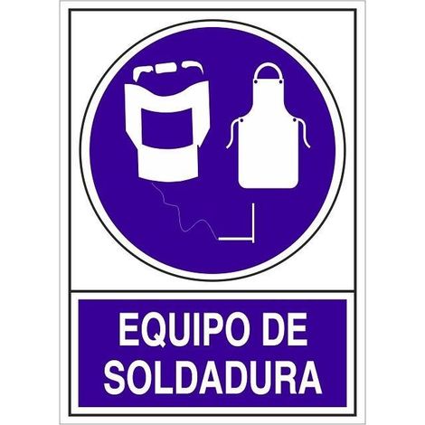 señal de obligación. rectangular. equipo de soldadura. soporte rígido impreso. blanco y morado. 345 x 245 mm