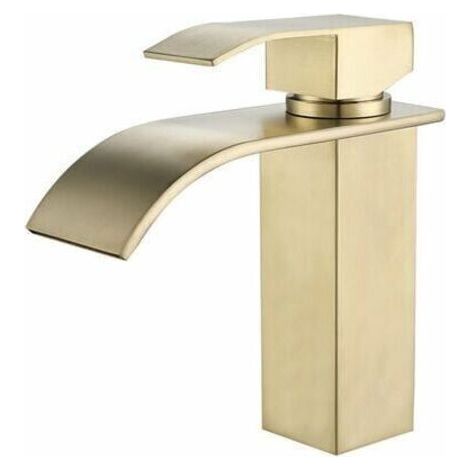 Mitigeur lavabo cascade doré – Acier inoxydable – Bec cubique – Noyau en céramique – Installation facile – Compatible avec éviers standards (1/5)