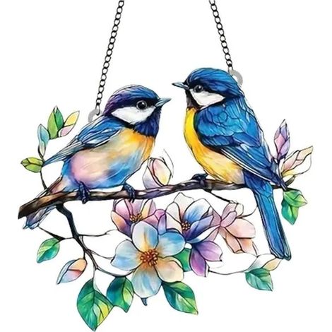 Décoration de fenêtre à suspendre Oiseau Vitrail coloré Attrape-soleil colibri À suspendre aux fenêtres Pendentif acrylique chaîne (1/5)