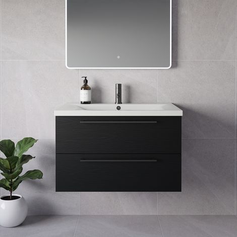 Napoli 460 Nero Oak 800mm Wall Mounted 2 Drawer Vanity Unit with Glide Basin - 800mm - Gunmetal Grey 480mm Handle