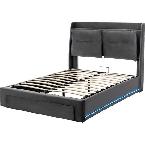 Letto Contenitore Matrimoniale con LED Regolabile, Cassetto 2 in 1 e Vano, 140 × 190 cm, senza Materasso (1/5)