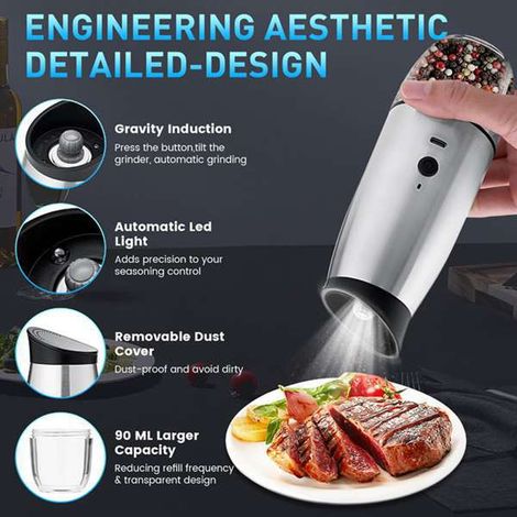 1 set of colors: see photo. Material: stainless steel. Portable and rechargeable electric pepper mill made of stainless steel, ideal as a gift. (1/5)