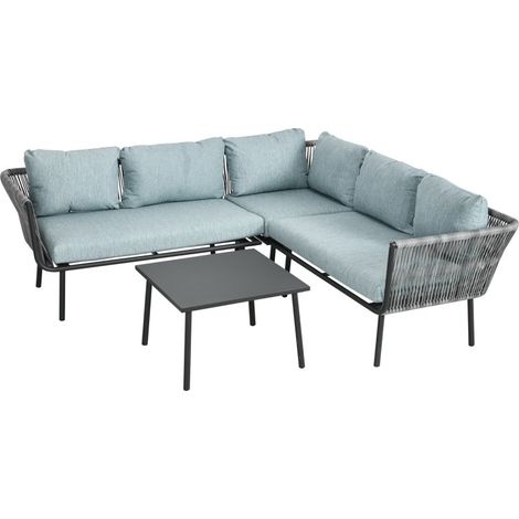 Ensemble jardin rotin pour 4 personnes avec coussins, structure aluminium, adapté balcon, couleur gris (1/5)