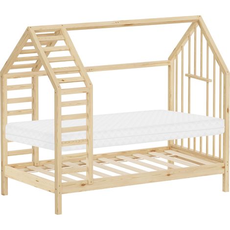ML-Design Cama infantil 80x160cm forma de casita con colchón y somier, madera de pino estructura de listones, techo y ventana, lecho montessori para niños y niños, fácil montaje, natural (1/5)