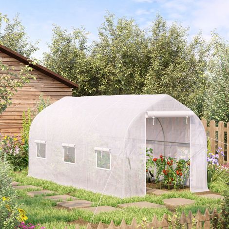 Serre tunnel de jardin 8m². serre de jardin tunnel avec 2 portes et 6 fenêtres. bâche PE 140g/m² 400x200x200cm blanc
