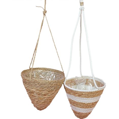 Cesta colgante cónica de ratán – 2 piezas – Maceta verde con cuerda de algodón blanca (1/5)