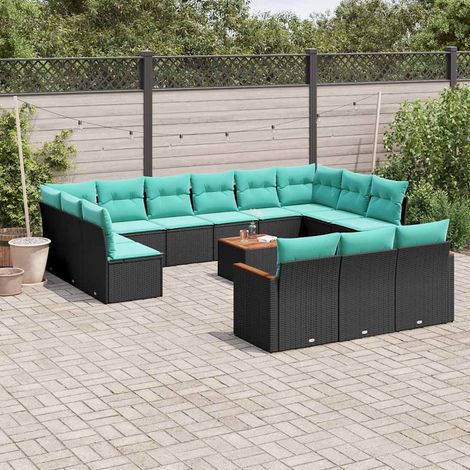 14-teiliges Gartensofa-Set mit Kissen, schwarzes Polyrattan (1/5)