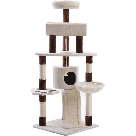 Plush cat tree for pets with sisal platform (brown and white) (1/5)