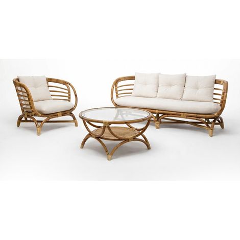 Ensemble salon, set de 3 meubles de salon en rotin et verre trempé coloris naturel (1/5)